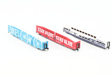 Load image into Gallery viewer, N Athearn Metrolink Bombardier Coach 3-Pack Special Edition "Bikes" and "Stay Alert Stay Alive" Cars - MISSING OUTER SLEEVE