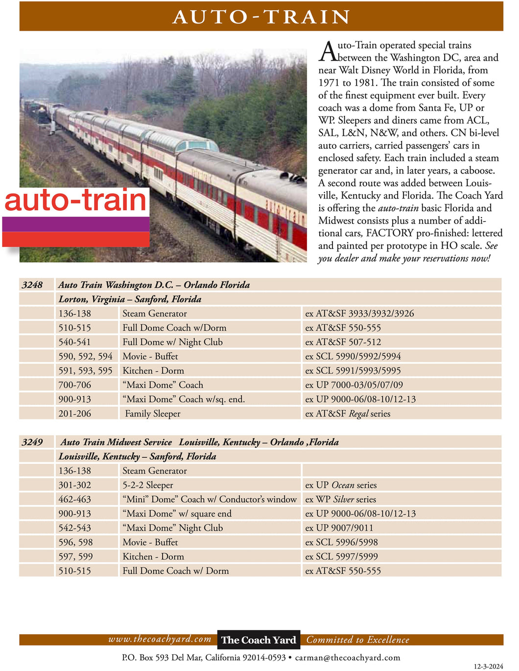 HO Brass TCY - The Coach Yard Various Roads Auto-Train