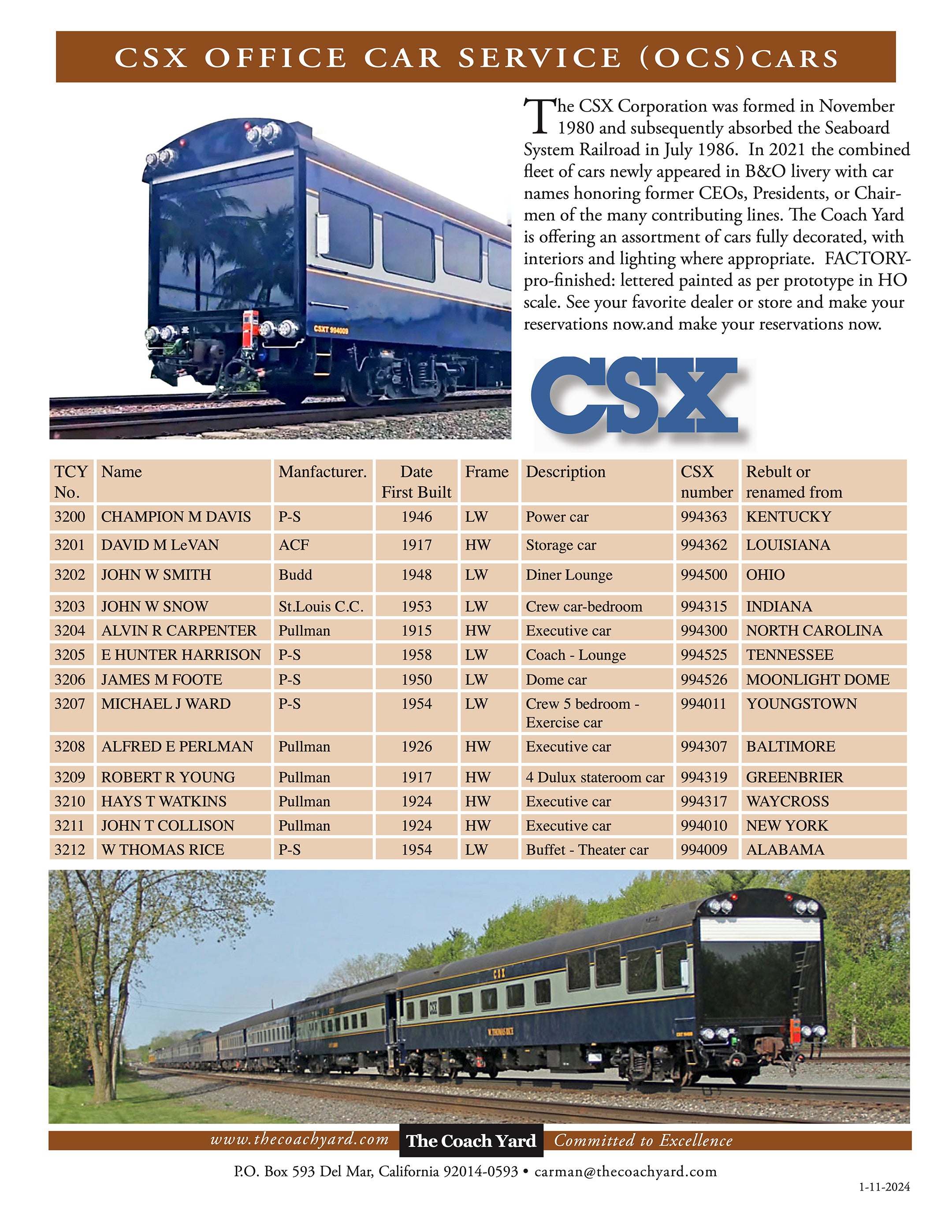 自動運転　Railroad&Co. ライセンスキー HO Brass TCY - The Coach Yard CSX Transportation Office Car
