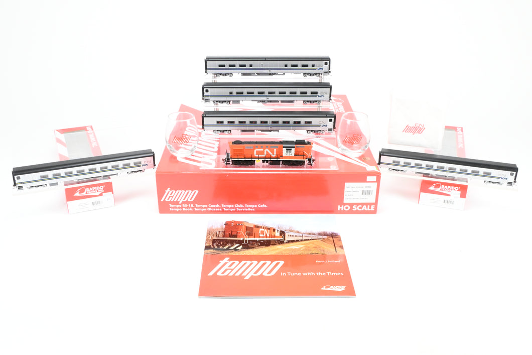 HO CON Rapido Trains, Inc. CNR – Canadian National Rail & Via Rail Tempo Train w/ Two Extra Cars FP