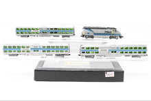 Load image into Gallery viewer, N Athearn "Ready-to-Run" Caltrain EMD F59PHI, Two Kato Coaches Coaches and One Control Car, Custom Painted. NO BOX 
