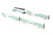 Load image into Gallery viewer, N Athearn Caltrain EMD F59PHI, Two Kato Coaches Coaches and One Kato Control Car Custom Painted. NO BOX
