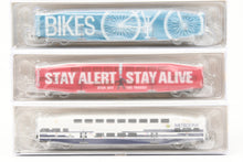 Load image into Gallery viewer, N Athearn Metrolink Bombardier Coach 3-Pack Special Edition "Bikes" and "Stay Alert Stay Alive" Cars - MISSING OUTER SLEEVE

