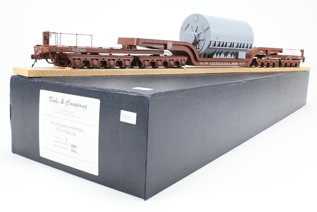 O Brass Kohs and Company PRR - Pennsylvania Railroad FD-2 Flat Car, Version 1 W/large Westinghouse load. Factory Painted No. 470245