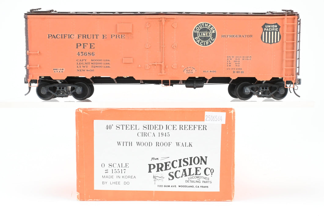 O Brass PSC - Precision Scale Co. PFE - Pacific Fruit Express 40’ Steel Reefer with Wood Roof Walk Circa 1945 CP No. 45686