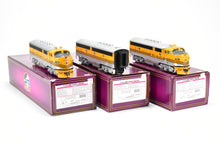 Load image into Gallery viewer, O Scale MTH - Mike&#39;s Train House Premier Plastic/Diecast D&amp;RGW - Denver &amp; Rio Grande Western EMD F-3 A-B-A Set FP in 4-Stripe Yellow/Silver 2-Rail Conversion
