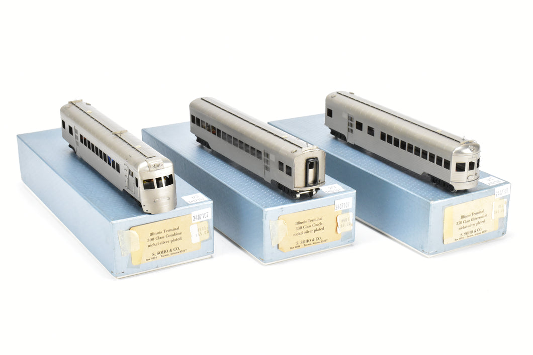 HO Brass S. Soho & Co. IT - Illinois Terminal 3 Unit Streamliner Set (300 Class Combine 330 Class Coach, 350 Class Observation) Set Nickel-Silver Plated