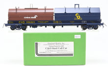 Load image into Gallery viewer, O Brass OMI - Overland Models, Inc. C&amp;O - Chesapeake &amp; Ohio Evans Steel Coil Steel Car w/full Walkways &amp; Angled Covers. With C&amp;O and Contrail Hoods Factory Painted No. 306521
