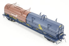 Load image into Gallery viewer, O Brass OMI - Overland Models, Inc. C&amp;O - Chesapeake &amp; Ohio Evans Steel Coil Steel Car w/full Walkways &amp; Angled Covers. With C&amp;O and Contrail Hoods Factory Painted No. 306521
