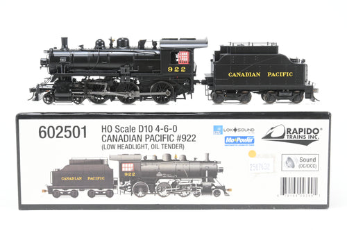HO Rapido Trains, Inc. CPR - Canadian Pacific Railway D10 Class 4-6-0 Ten Wheeler, Factory Finished No. 922 W/ESU DCC & Sound