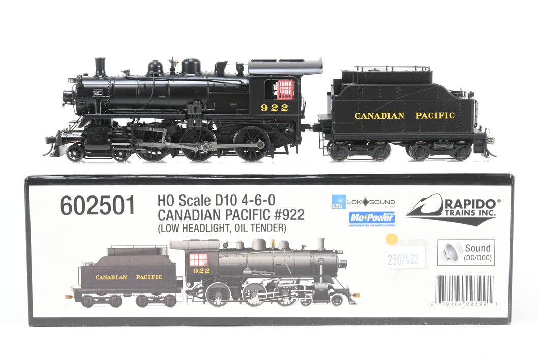 HO Rapido Trains, Inc. CPR - Canadian Pacific Railway D10 Class 4-6-0 Ten Wheeler, Factory Finished No. 922 W/ESU DCC & Sound