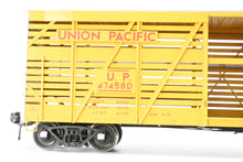 Load image into Gallery viewer, Gauge 1 - 1:32nd Scale Brass Row &amp; Company UP - Union Pacific S-40-12 Stock Car, Circa 1950 Factory Painted Yellow No. 47458
