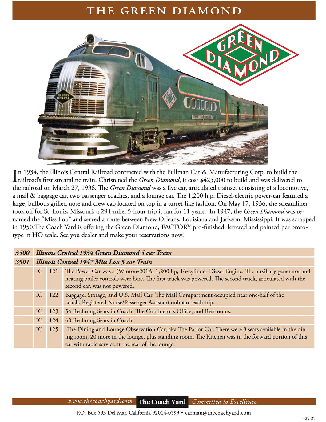 HO Brass TCY - The Coach Yard IC - Illinois Central Green Diamond 5-Car Set FP