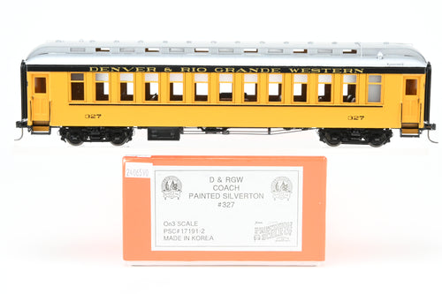 On3 Brass PSC - Precision Scale Co. D&RGW - Denver & Rio Grande Western  Closed Vestibule Coach, Factory Painted No. 327, 1950's-1960's (Silverton Scheme) 