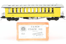 Load image into Gallery viewer, On3 Brass PSC - Precision Scale Co. D&amp;RGW - Denver &amp; Rio Grande Western Open End Coach, Custom Painted No. 312 &quot;Silverton Scheme&quot; ISSUES
